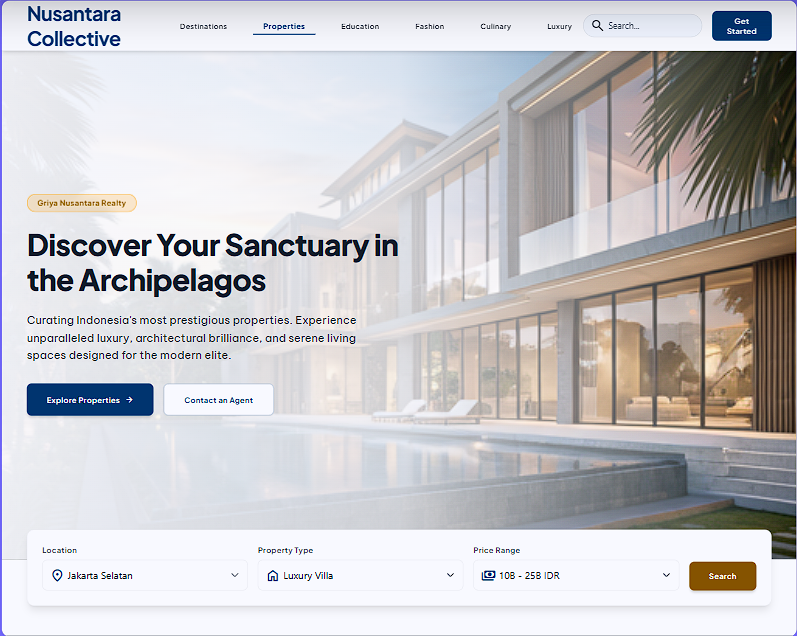 Tampilan website listing properti Griya Nusantara Realty buatan WebGajah
